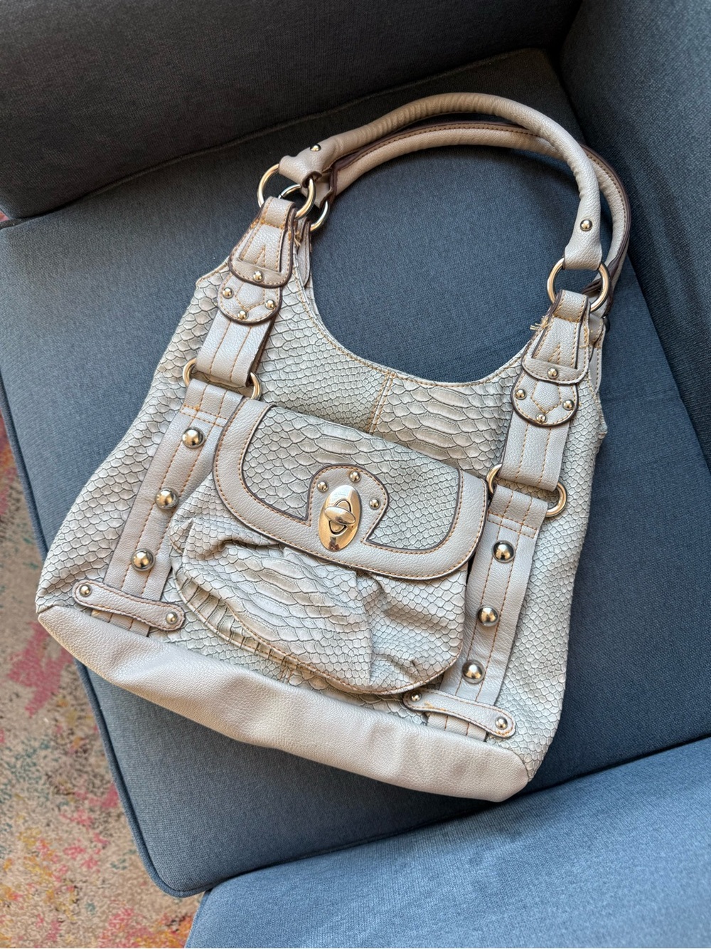 Wilsons Leather Beige Textured Shoulder Bag with Gold Hardware